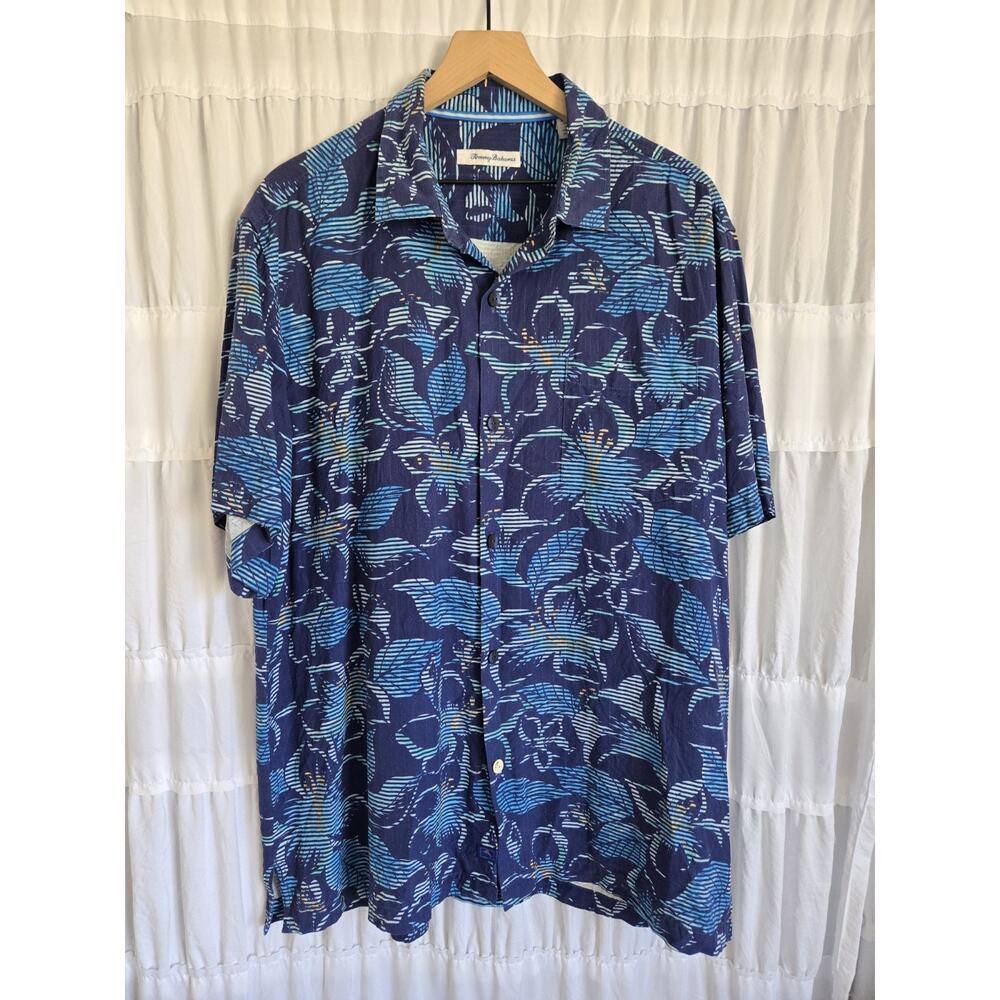 Tommy Bahama Mens XL Silk Blue Tropical Hawaiian Button Down Shirt Beach Party